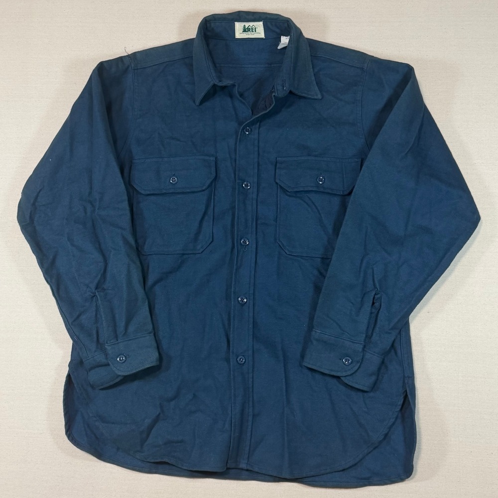 Vintage REI Chamois Shirt Mens Large Navy Blue Cotton Button Up Made in USA